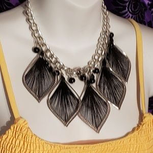 Silver/black String ART bib statement necklace